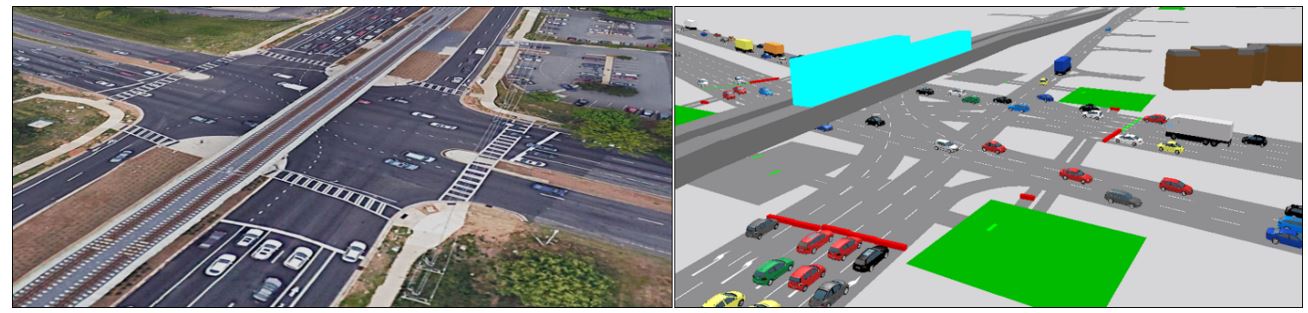 Figure 2. Aerial image and simulation model developed in PTV VISSIM for an arterial road consisting of a Ring barrier signal control.